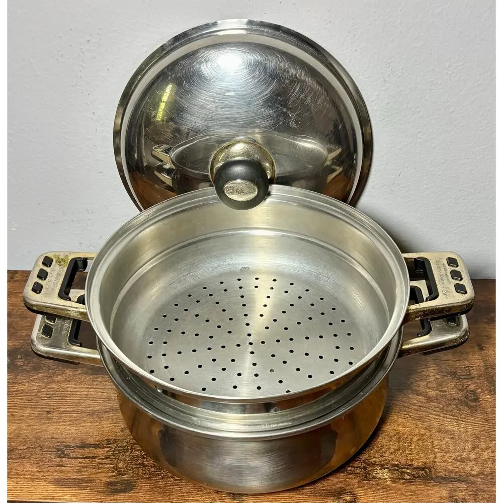 Vintage Sunhak Stainless Steel Lesstopia 3 Piece Steamer & Stock Pot 5 Qts